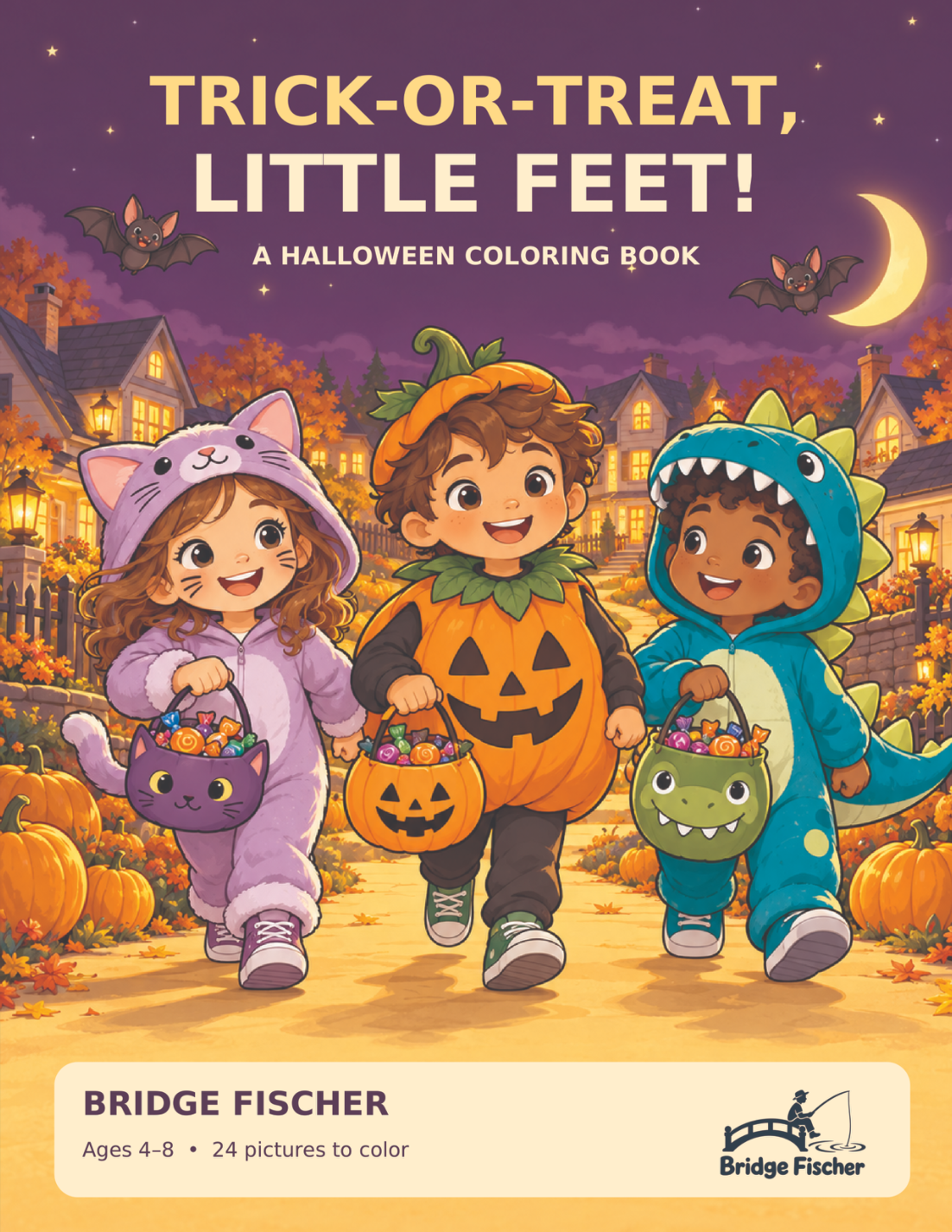 Trick-or-Treat, Little Feet! Halloween coloring book cover with children in cat, pumpkin, and dinosaur costumes